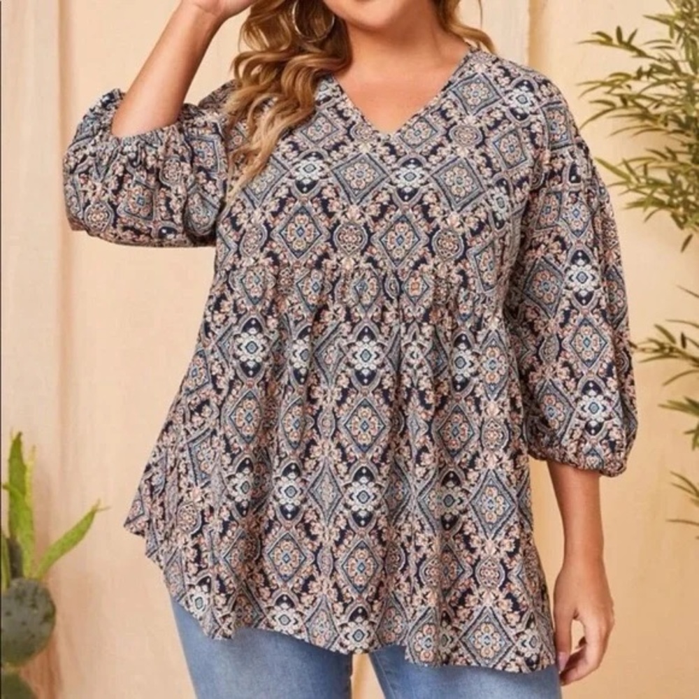 3xl SHEIN Curve Mandala print Bishop Sleeve babydoll top